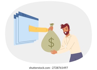 Man makes money on internet, and receives bag of dollars from hand sticking out of computer windows. Guy makes money from freelancing and online business thanks to good knowledge of technology