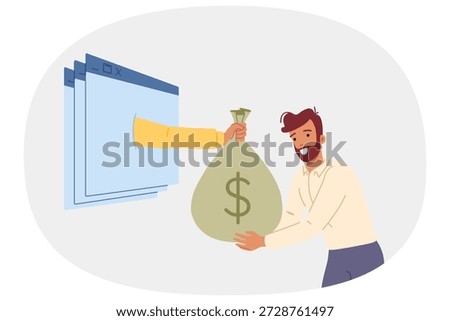 Man makes money on internet, and receives bag of dollars from hand sticking out of computer windows. Guy makes money from freelancing and online business thanks to good knowledge of technology
