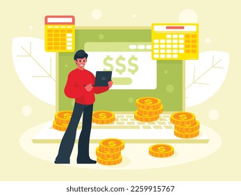 Man makes money online. Programmer holding a laptop. Earnings on the Internet. Laptop and there are coins around it. Online payment concept without ATM or bank. Cashback via application. Vector