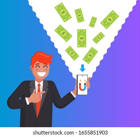man makes money using a mobile phone. Flat character vector illustration.