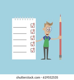 the man makes notes in a notebook with a pencil, vector illustration