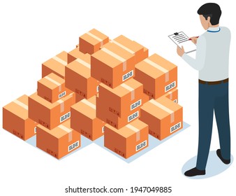 Man makes notes while working with parcels in warehouse. Cardboard boxes for shipment from china