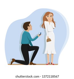 A man makes an offer to marry a girl on one knee. Love, wedding, engagement. Flat vector illustration.