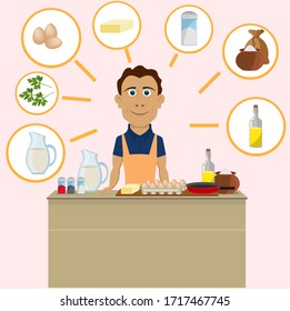A man makes an omelet. Vector illustration on the theme of cooking. Stay home.