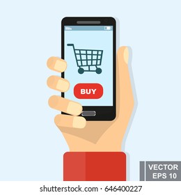 A man makes an online purchase through a smartphone. Icon. Flat design. Isolated on white background.