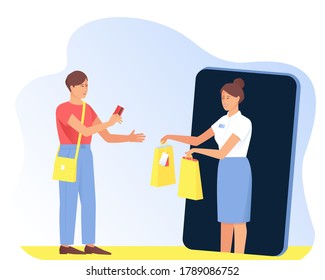 A man makes online purchases using his phone. The man pays for the purchase with a pay card. Online shopping concept. Flat vector illustration
