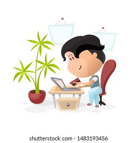 Man makes order and payment in the Internet, completes payment data on web site, online purchases. Vector illustration in cartoon style.