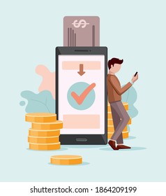 Man makes a payment with a mobile phone. Online and mobile payments concept.  Vector