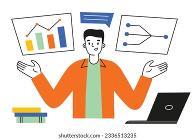 Man makes presentation with data analysis, online education concept, data science courses, hand drawn composition with cartoon teacher, vector illustration of IT cand business classes, colored clipart