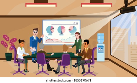 A man makes a presentation in the office. People, projector, board, negotiations