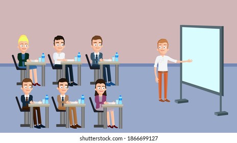 A man makes a presentation in the office. People listen to his presentation.
