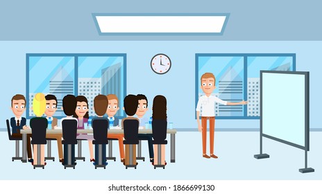 A man makes a presentation in the office. People listen to his presentation.