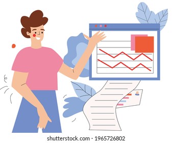 A man makes a presentation. A screen with a presentation and an abstract business background. Male office analyst