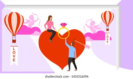 A man makes a proposal to a woman sitting on her heart. The concept of declaration of love. A man holds out a ring with a precious stone to his beloved woman. Vector illustration.