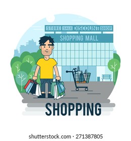 A man makes a purchase. Banner in the flat style illustrating the process of buying.