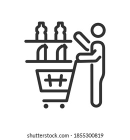 Man Makes Purchases In The Store, Choosing Goods From The Shelf To Put From In The Cart, Linear Icon. Editable Stroke