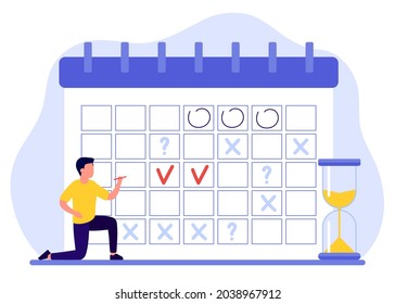 Man makes schedule, plan, fills calendar. Male have plans, marks dates, deadlines. Online planner. Vector illustration