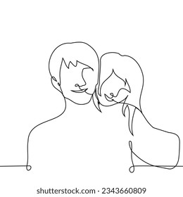 Man makes a selfie smiling with a girl who laid her head on his shoulder girdle - One Line Art Vector. Concept in love pair makes a selfie