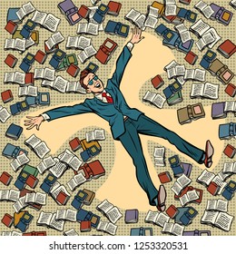 a man makes a snow angel in the books. Comic cartoon pop art retro vector illustration drawing