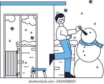 Un hombre hace un muñeco de nieve frente a su casa