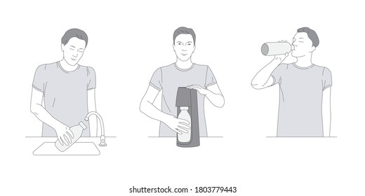 The Man Makes Soda Water. Pour Water From The Tap. Use A Soda Siphon - Sparkling Water Maker. Drink Water From A Bottle. Hand Drawn People Illustration. Line Art Style Vector Illustration.