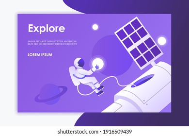 Man makes a spacewalk. Astronaut, planets, space, universe, sky. Modern template for web page, landing page, presentation, banner. Purple background. Place for text. Vector illustration. EPS 10 