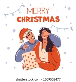 А man makes a surprise to a woman. Lovers give each other gifts. The guy hugs a beautiful girl. buy gifts for the holiday. Vector illustration in scandinavian style. 
Merry christmas and happy new yea
