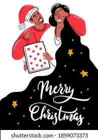 А man makes a surprise to a woman. Lovers give each other gifts. The guy hugs a beautiful girl. buy gifts for the holiday. Vector illustration in scandinavian style. Merry christmas and happy new year