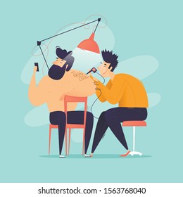 Man makes a tattoo in a tattoo salon.  Flat design vector illustration.