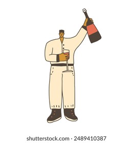 Un hombre hace un brindis en una fiesta. Amante del vino. Lindo personaje con bebida alcohólica. Vector dibujado a mano ilustración aislada sobre fondo blanco.