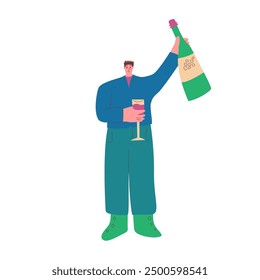 Un hombre hace un brindis en una fiesta. Amante del vino. Carácter lindo con la bebida de alcohol. Vector dibujado a mano ilustración aislada sobre fondo blanco.