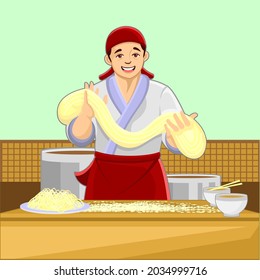 A man makes traditional noodles