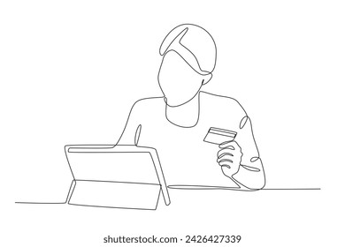 A man makes a transaction. Internet banking one-line drawing