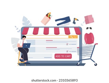A man makes various purchases on a computer that end up in a shopping cart. Concept for an online store. Vector illustration.
