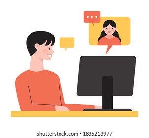 The man makes a video call while looking at the monitor. Illustration for online class or social distancing concept.