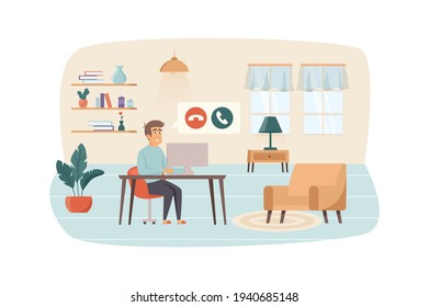 Man makes video calls from computer sitting in room at home office scene. Video conference, communication technology, remote work concept. Vector illustration of people characters in flat design