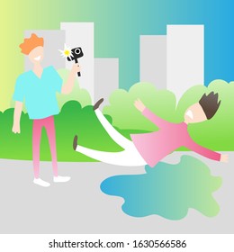 Man makes video as a man falls into puddle in the park. Prank media. Vector illustration.