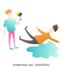 Man makes video as a man falls into puddle. Prank media. Vector illustration.