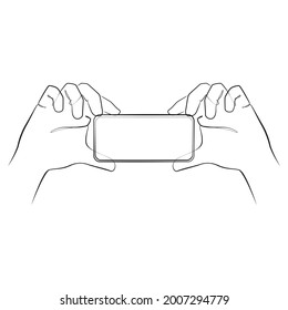 Man makes a video on the phone, hands close-up, line drawing on white isolated background
