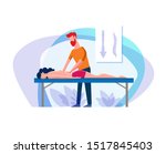 Man makes a woman a back massage. Bearded man makes a young girl a back massage. Alignment of the ridge of the back employing therapeutic massage. Flat cartoon illustration chiropractor spine