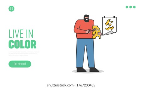 Man making abstract applique over template landing page background. Creative hobby concept banner with male cartoon character glueing paper collage. Flat vector illustration