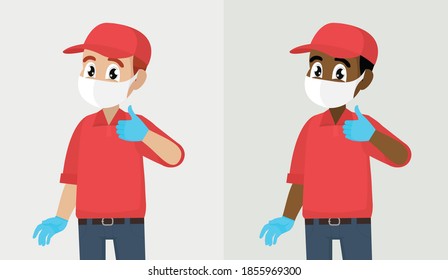 Man making agree, positive symbol. Courier or deliveryman in mask and gloves showing thumbs up sign. Person gesturing like or good. Corona virus outbreak.