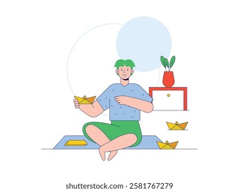 Man making airplane out of paper, crafts at home for toys. Character design. Vector flat illustration