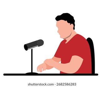 Homem Fazendo um Podcast Áudio Estilo Plano Isolado no Branco. Mídia e arte vetorial da indústria do entretenimento