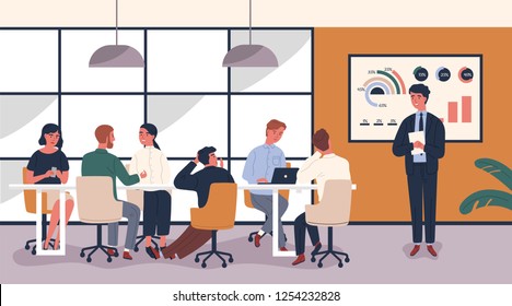 Man making boring and tedious presentation in front of people sitting at table. Lecturer giving dull lecture to audience demonstrating lack of interest. Vector illustration in modern flat style.