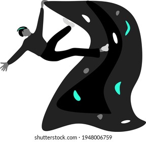 Man making bouldering rock climbing indoor. Boy achieves the top of bouldering route. Sportsman hangs on one hand. Bouldering indoor. Black gray white blue vector illustration