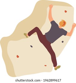 man making bouldering rock climbing on a little artificial rock with climbing holds. vector illustration