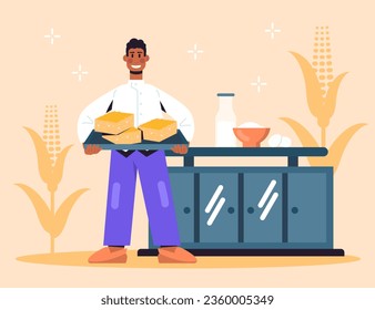 Man making bread from cornmeal. Mexican cooker holding fresh toasts. Modern manufacture with equipment. Bread baking process at home concept. Vector Illustration in cartoon style