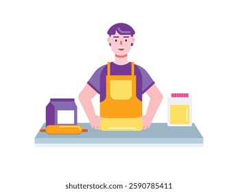 Man making bread dough at home, kneading process. Design character. Vector flat illustration