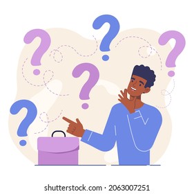Man making business. Character sits with his head resting on his hand. Thoughtfulness, searching for answers to questions, case. Cartoon flat vector illustration isolated on white background